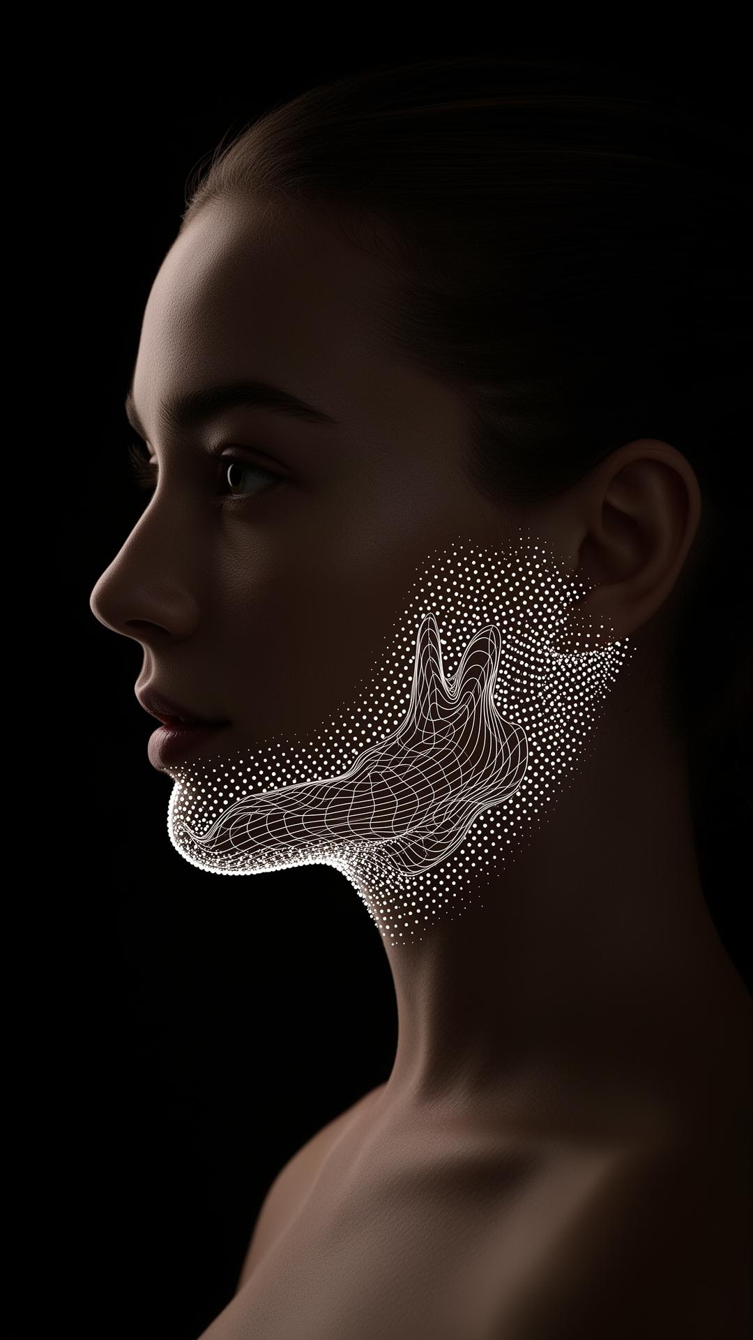 Side profile portrait of a woman with white dot-matrix contour mesh mapped across her jaw and cheek
